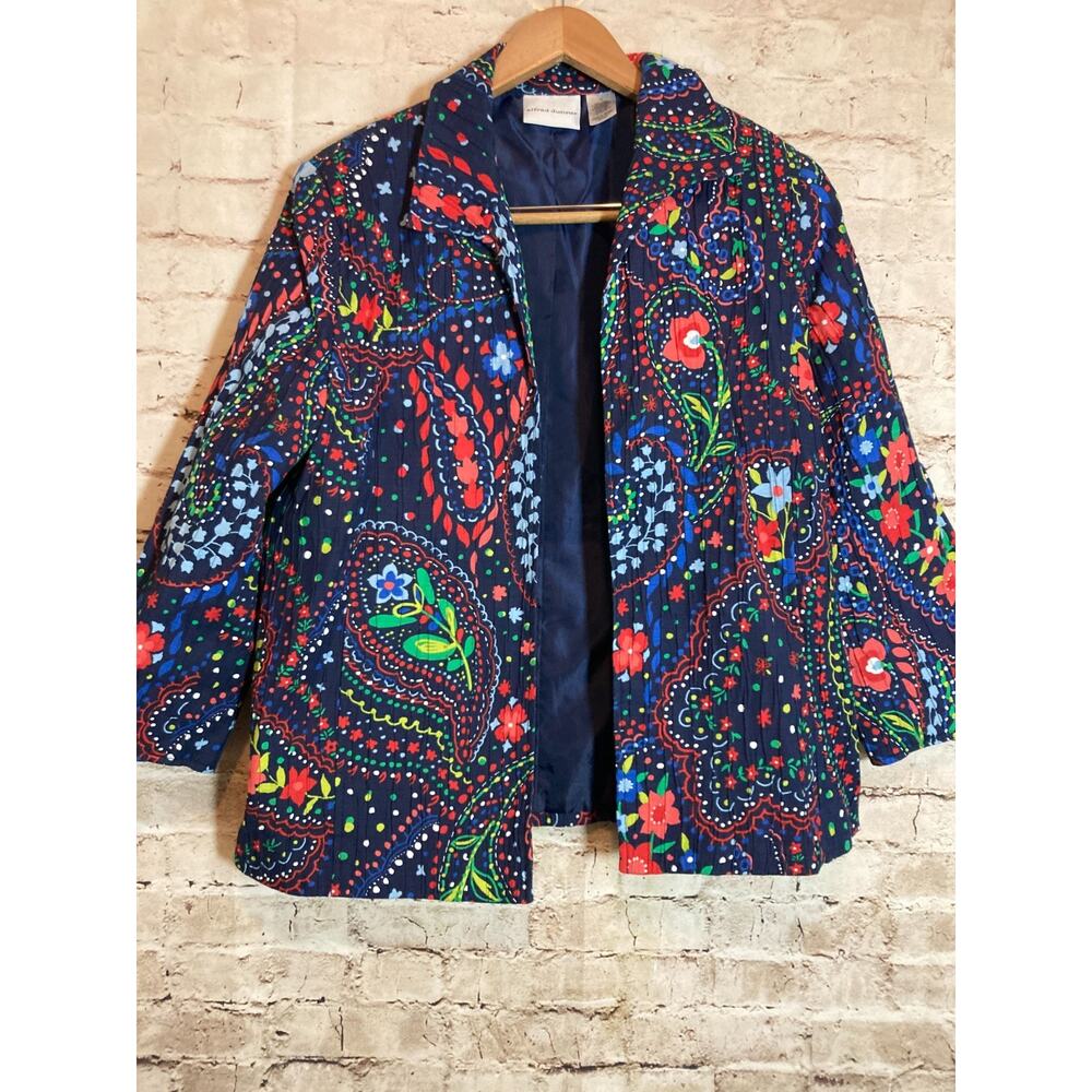 Alfred Dunner Artsy Jacket Womens‎ 12 Navy Ditsy Micro Floral Open Front Pleated
